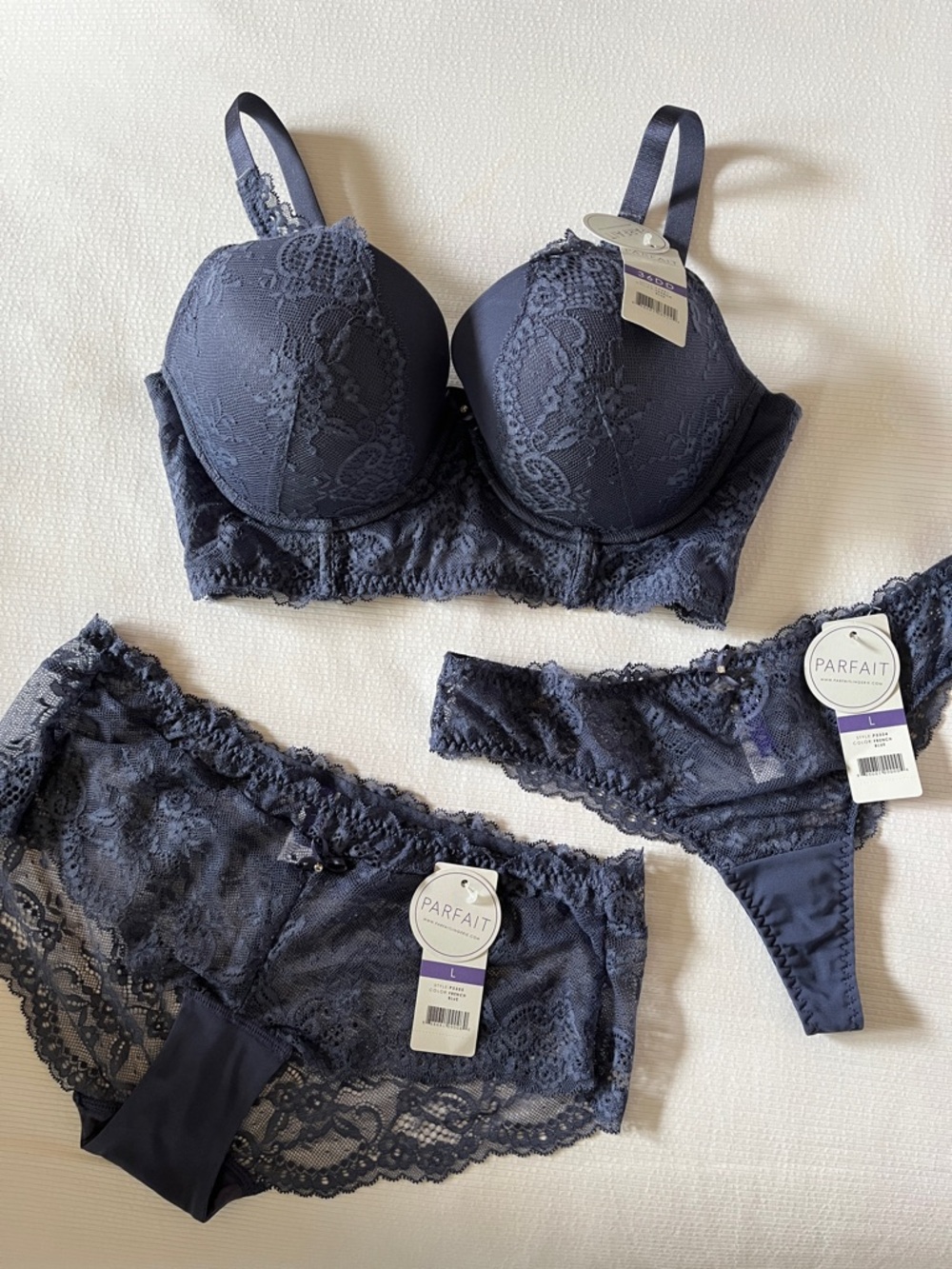 New PARFAIT Bra, Panty & Thong Set, Underwire Bra 36DD, Panty/Thong Large, NWT